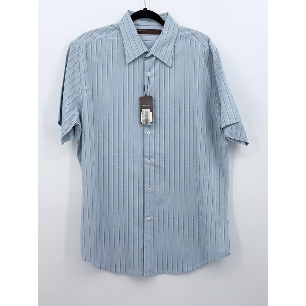 NWT Perry Ellis Men 100 Cotton XL Short Sleeve Shirt Button Up Blue Preppy